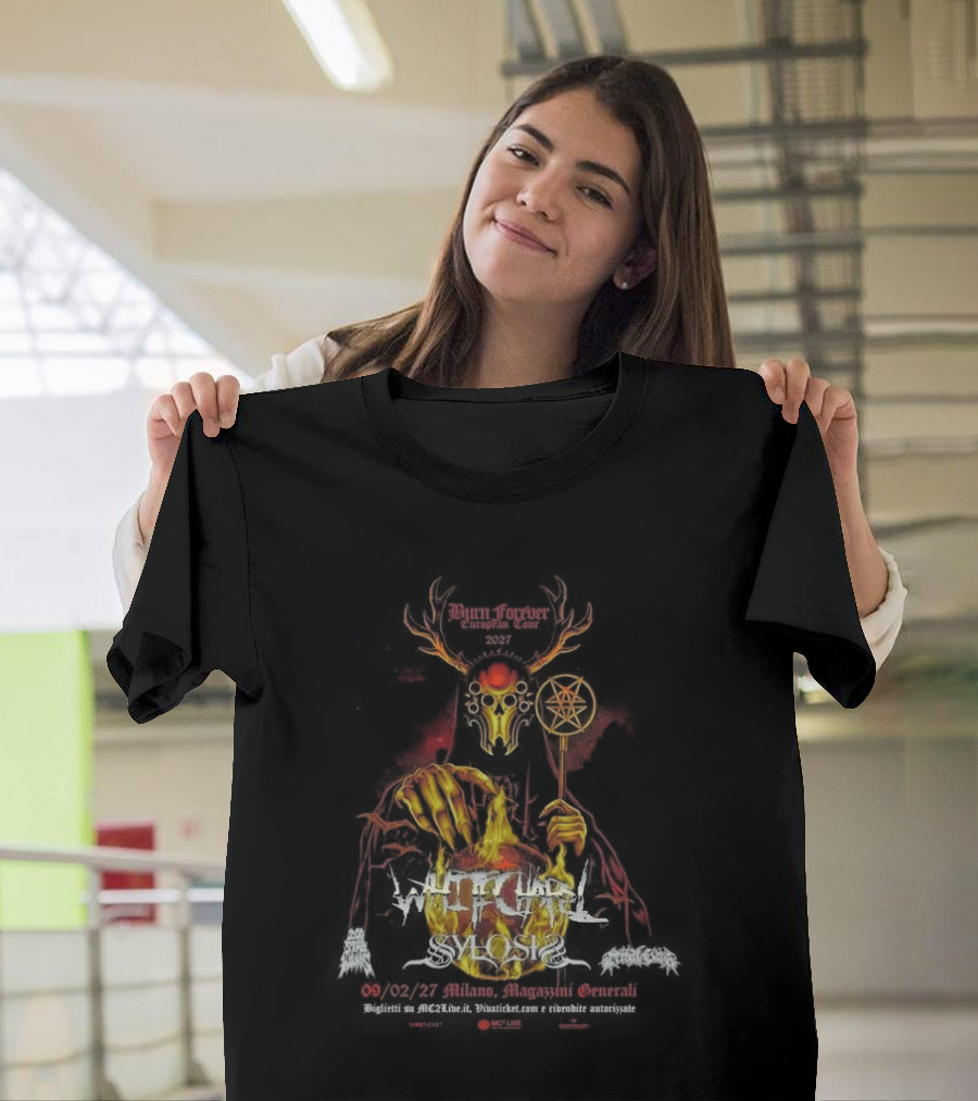 Whitechapel Burn Forever European Tour 2027 Schedule Tour Dates Demon Antlers Flames Cauldron Red Diamond Rod T-Shirt