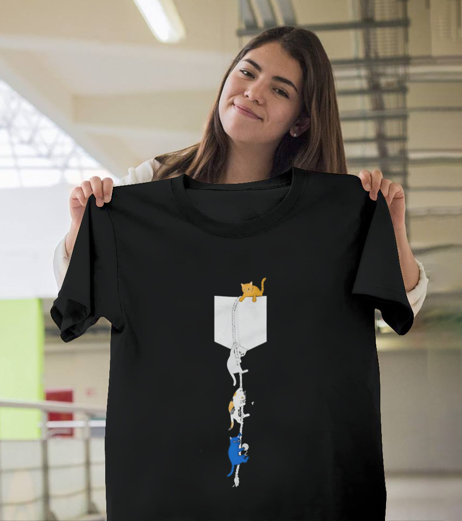 Kittens Climbing Rope From Pocket Whimsical Cat Adventure T-Shirt