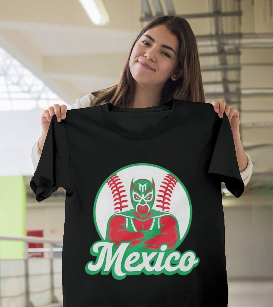 Mexico Luchador Baseball Mask Icon With Arms Crossed In Front Of Baseball Stitch T-Shirt