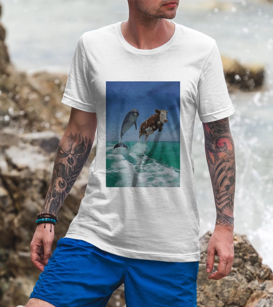 Cow And Dolphin Jumping Out Of Water Ocean Adventure T-Shirt