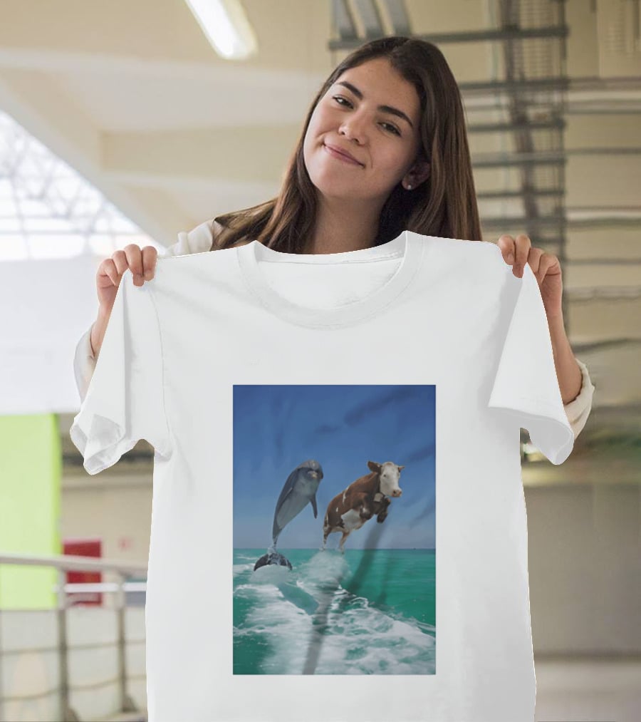 Cow And Dolphin Jumping Out Of Water Ocean Adventure T-Shirt