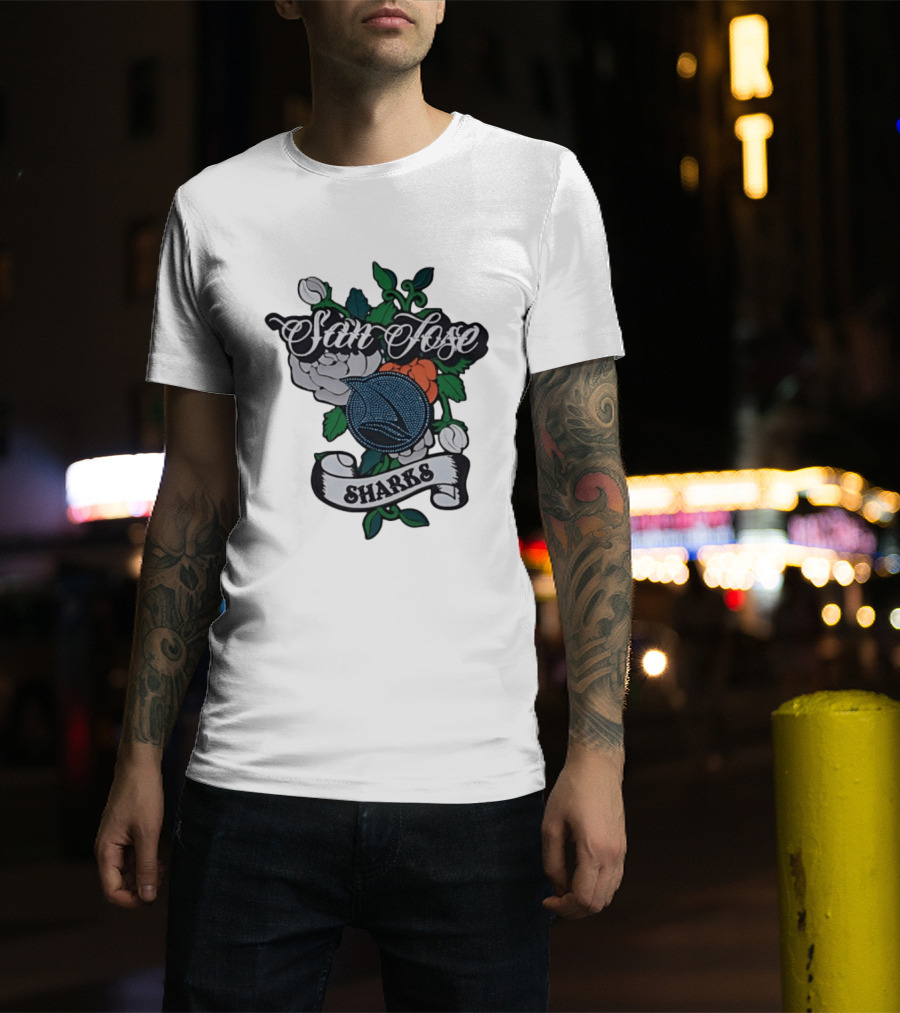 San Jose Sharks Floral Tattoo Style Team T-Shirt