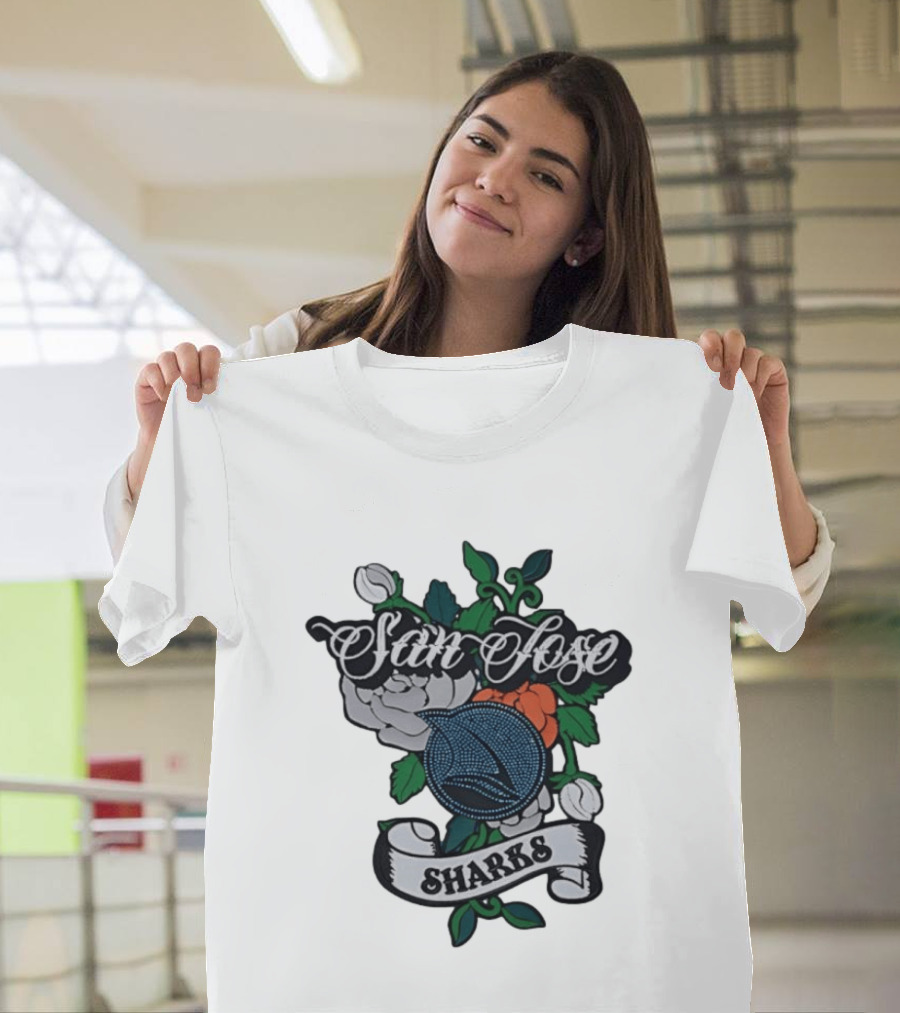 San Jose Sharks Floral Tattoo Style Team T-Shirt