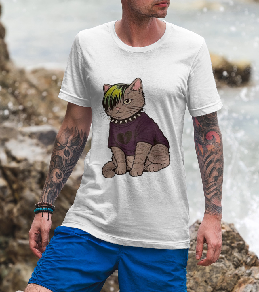 Emo Scene Cat With Heart Break Symbol And Spiked Collar T-Shirt
