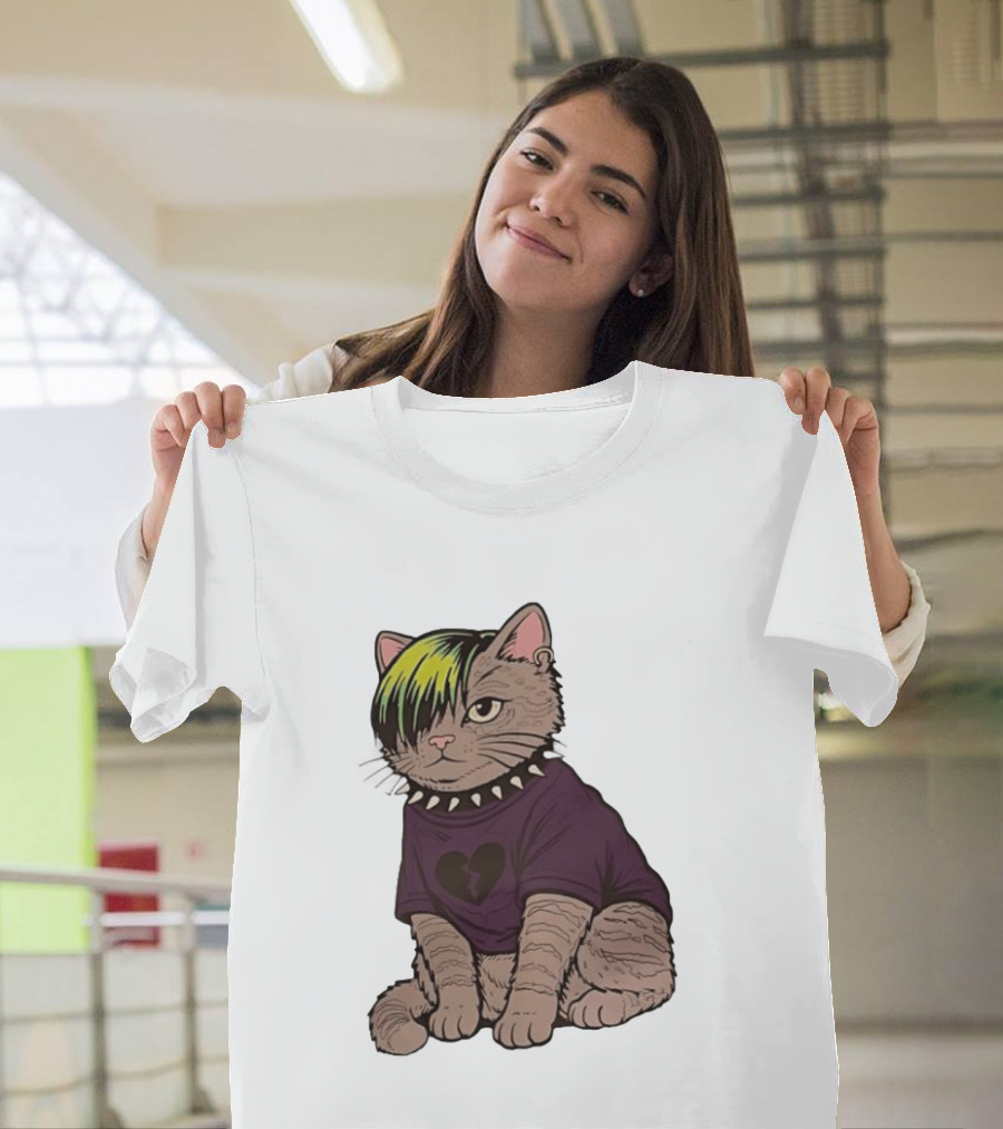 Emo Scene Cat With Heart Break Symbol And Spiked Collar T-Shirt