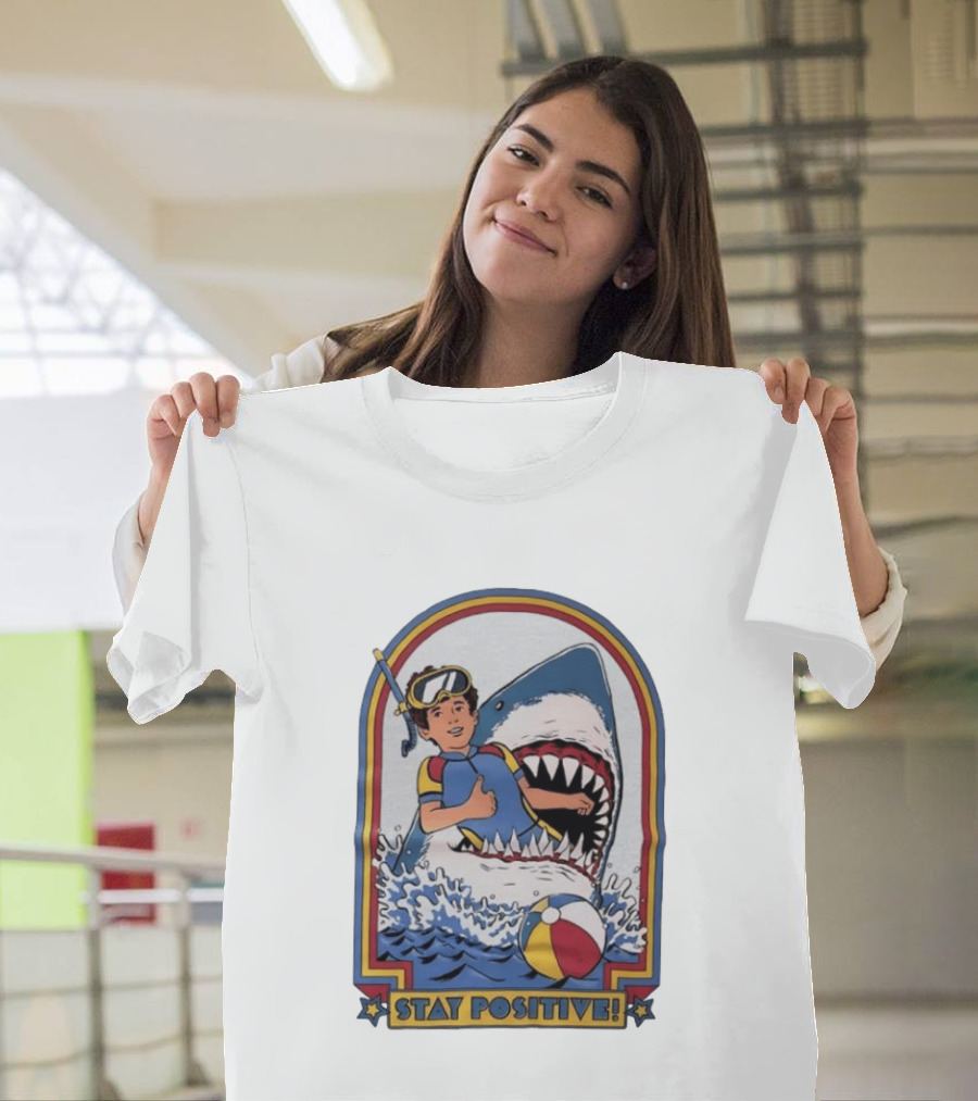 Stay Positive Scuba Boy In Great White Shark Mouth With Beach Ball T-Shirt