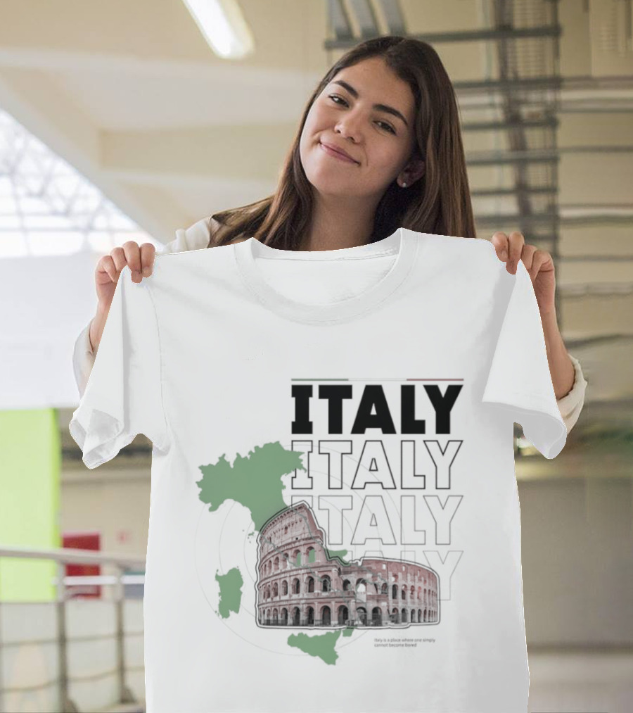 Italy Map And Colosseum Iconic Landmarks Text Heavy Exploration T-Shirt