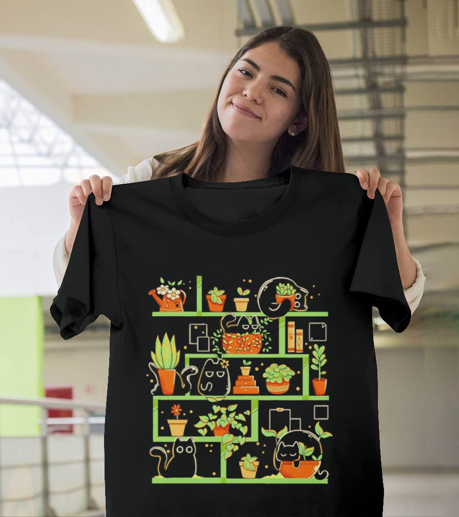 Kitten Garden Shelving With Plants And Teapots T-Shirt
