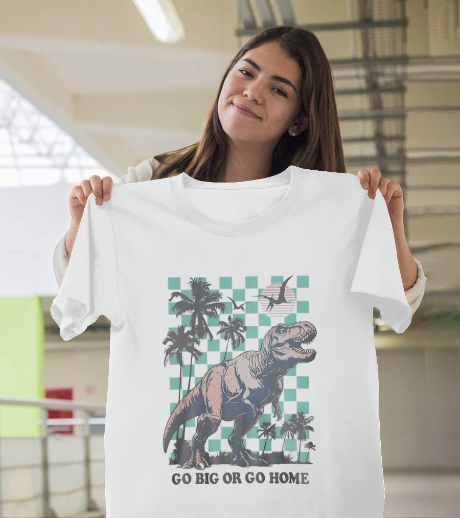 Tyrannosaurus Rex Go Big Or Go Home Palm Trees Checkerboard Sunset T-Shirt