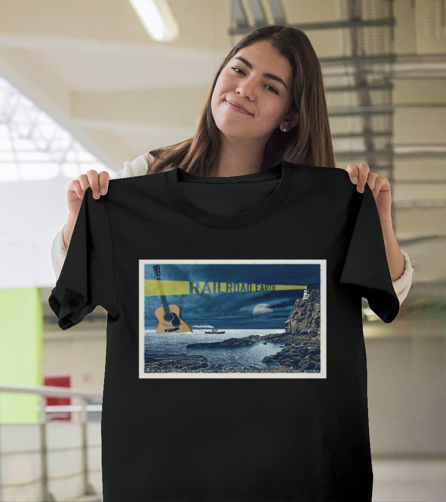 Railroad Earth March 10 2026 Tour Omaha NE Lighthouse Guitar Moonlit Ocean Scene T-Shirt