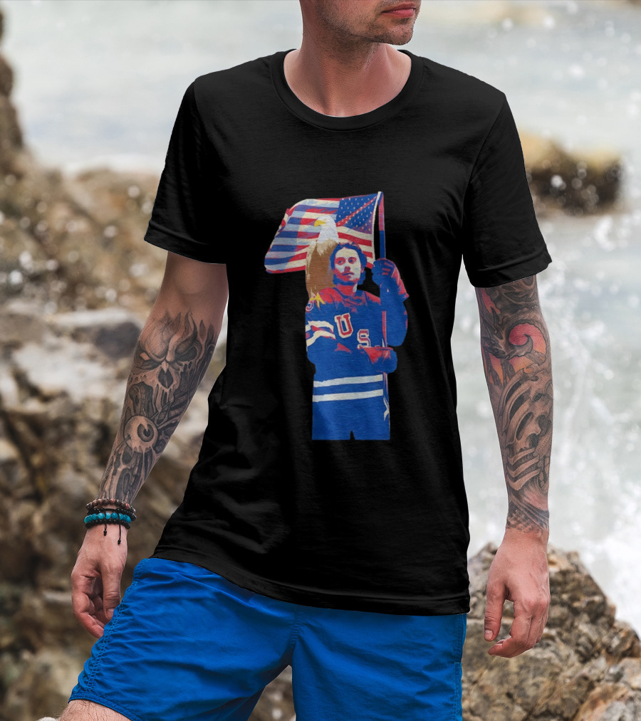 USA Hockey Jack Hughes American Flag Bald Eagle T-Shirt