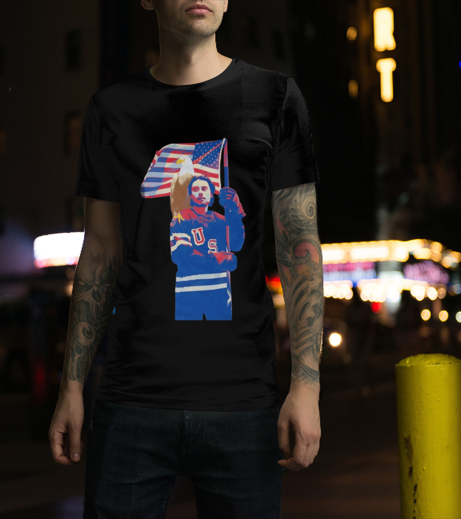 USA Hockey Jack Hughes American Flag Bald Eagle T-Shirt
