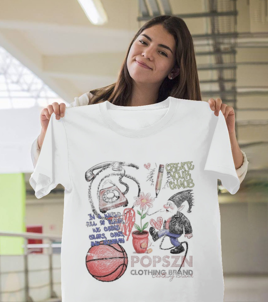 Popszn Create Your Chaos Basketball Gnome and Vintage Phone with Heart Flower T-Shirt