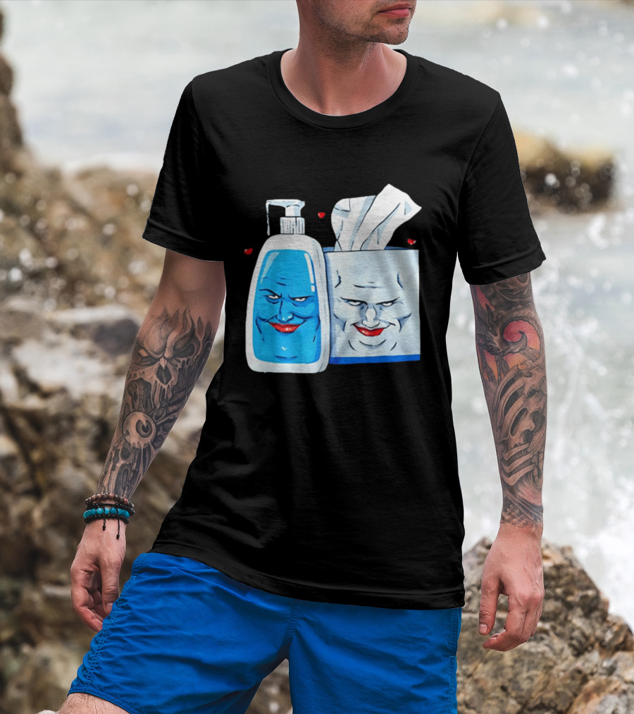 Smiling Blue Lotion Bottle And Tissue Box Meme With Red Lips And Hearts T-Shirt