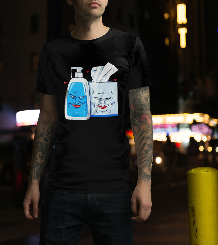 Smiling Blue Lotion Bottle And Tissue Box Meme With Red Lips And Hearts T-Shirt