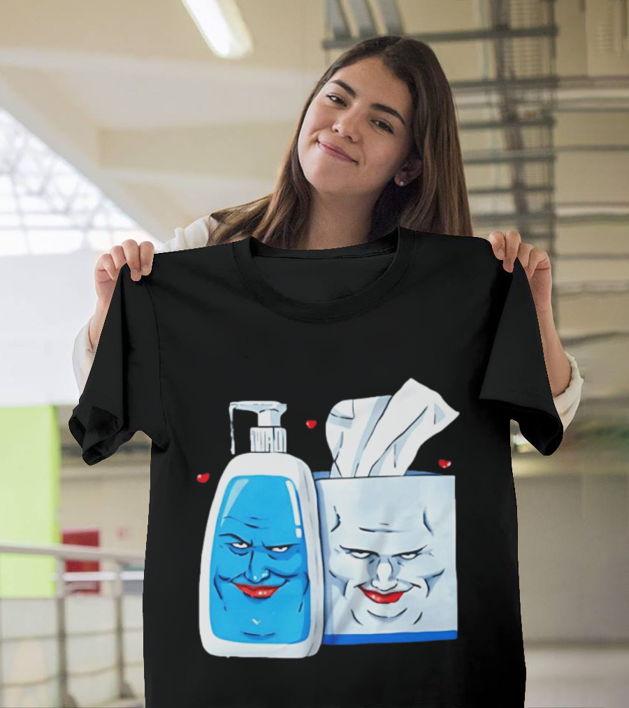 Smiling Blue Lotion Bottle And Tissue Box Meme With Red Lips And Hearts T-Shirt