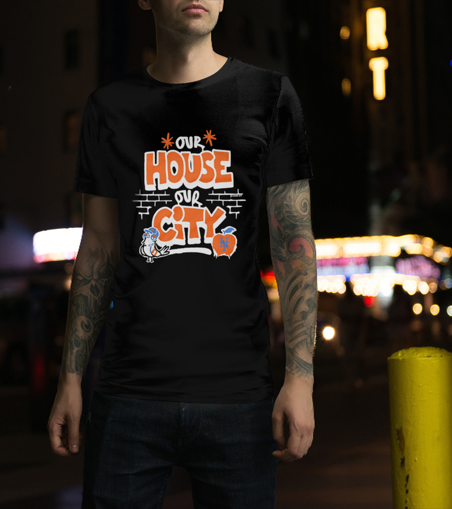New York Mets Our House Our City Team Logo Pigeon And Apple T-Shirt