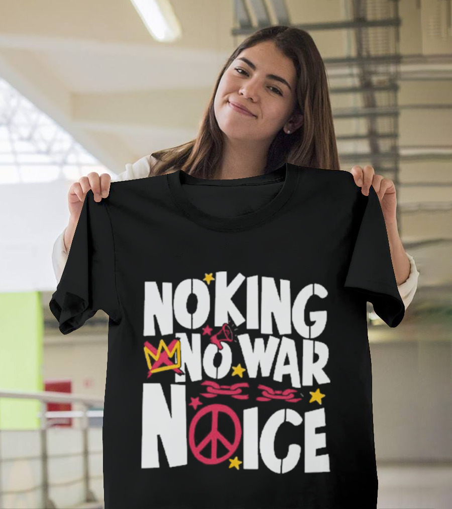 No King No War No ICE Peace Symbol Red Crown Yellow Stars T-Shirt