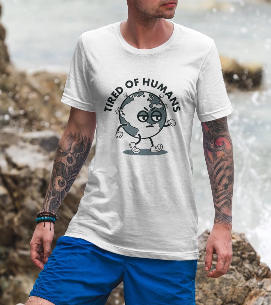 Tired Of Humans Earth Walking Cartoon Expression T-Shirt