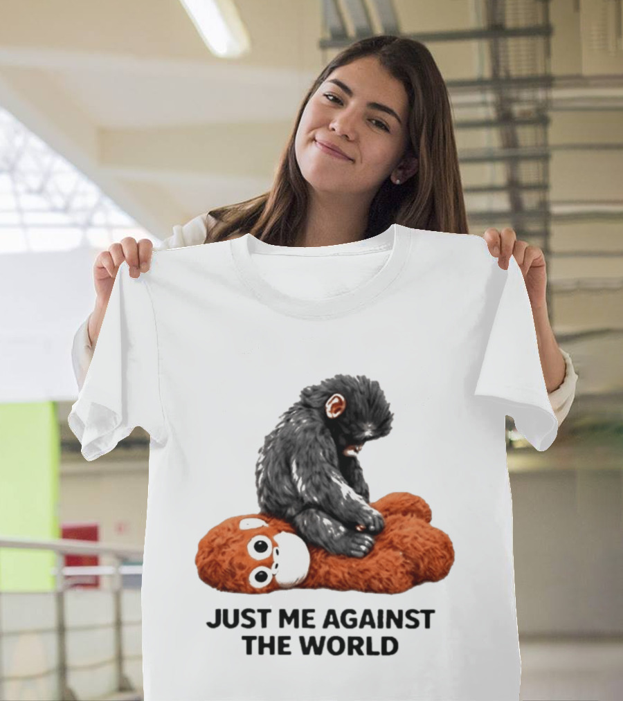 JUST ME AGAINST THE WORLD Gorilla Plush Toy Sitting On Panda T-Shirt