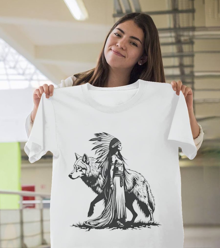 Native Woman And Wolf Connection Tribal Spirit Headdress T-Shirt