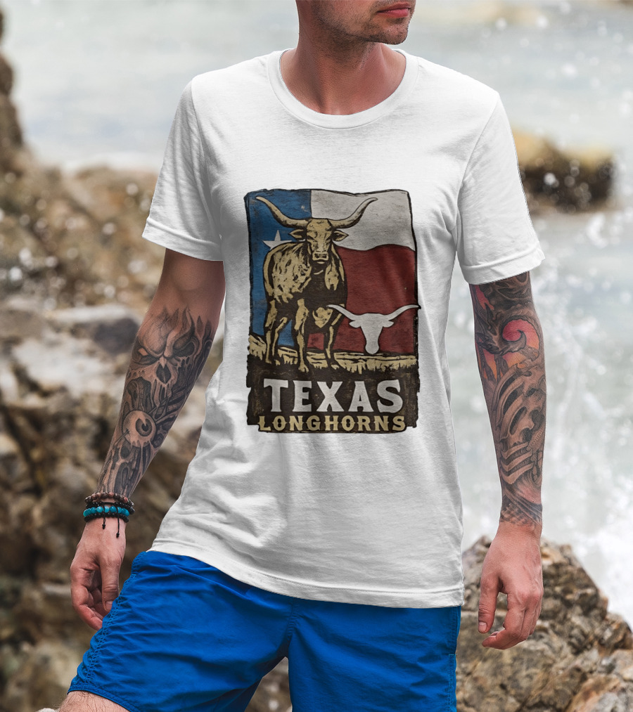 Texas Longhorns Flag Vintage Style Cow T-Shirt