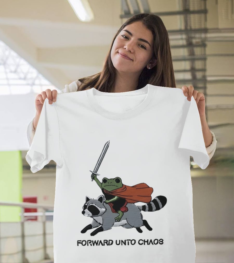 Embroidered Sword Wielding Frog Riding Raccoon Forward Unto Chaos T-Shirt