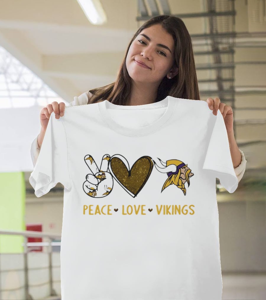 Minnesota Vikings Peace Love Vikings Hand Sign Heart Football Team T-Shirt