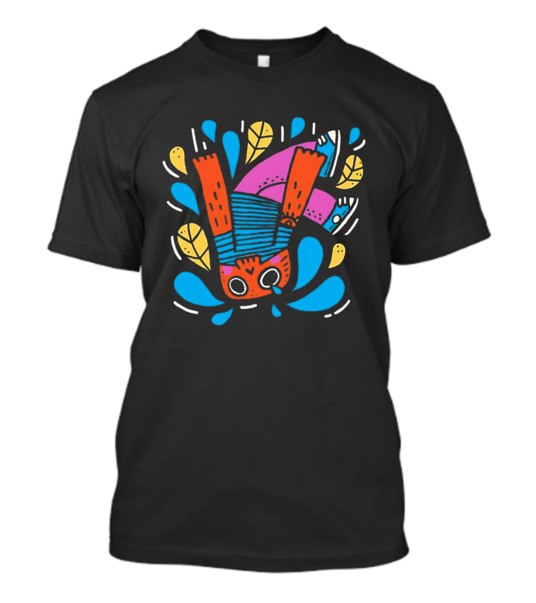 Decaida Downfall Colorful Cartoon Character Upside Down Splash T-Shirt