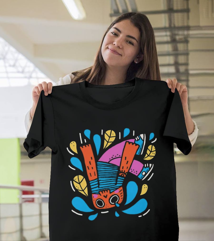 Decaida Downfall Colorful Cartoon Character Upside Down Splash T-Shirt