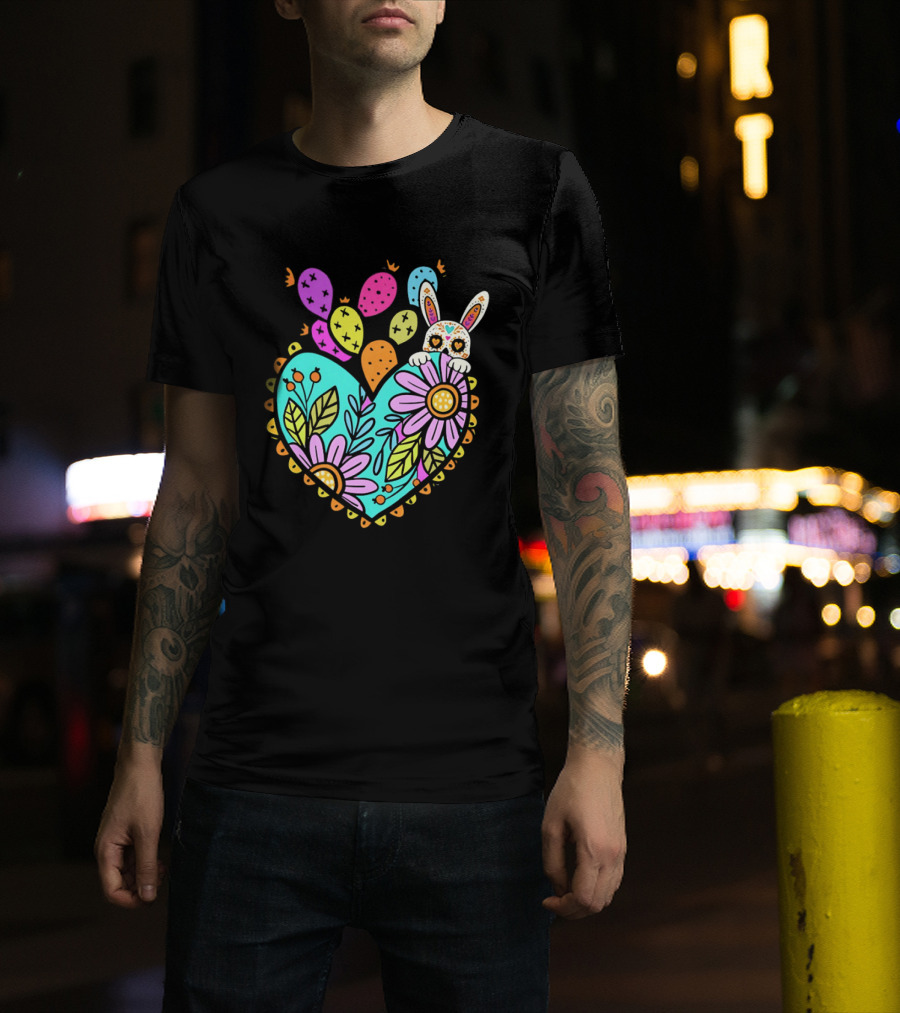 Easter Day Rabbit Holding Heart Sagrado Corazon Floral Bunny Balloons T-Shirt