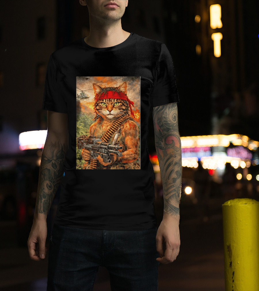 Rambo Cat With MG 3 Gun On Battlefield With Helicopter And Jungle Backdrop T-Shirt