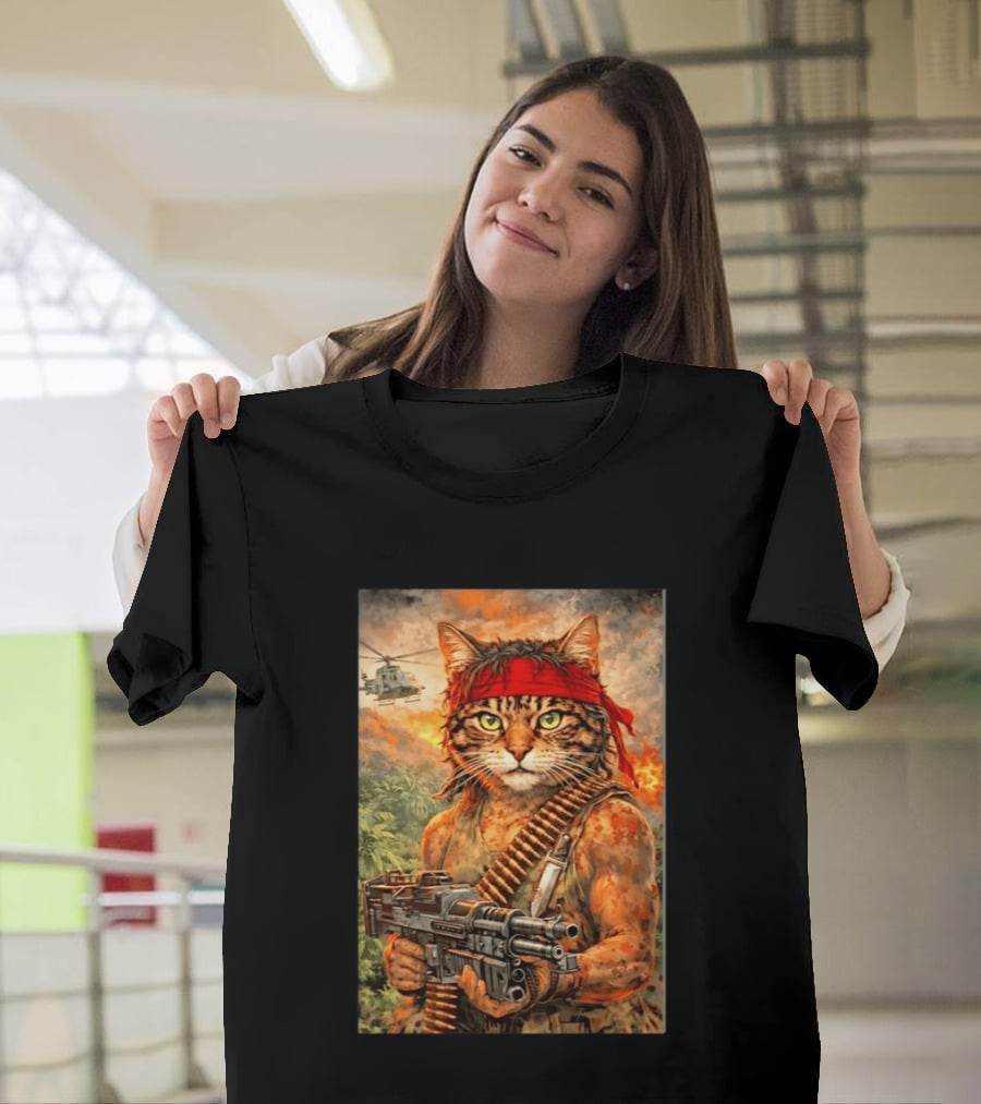 Rambo Cat With MG 3 Gun On Battlefield With Helicopter And Jungle Backdrop T-Shirt