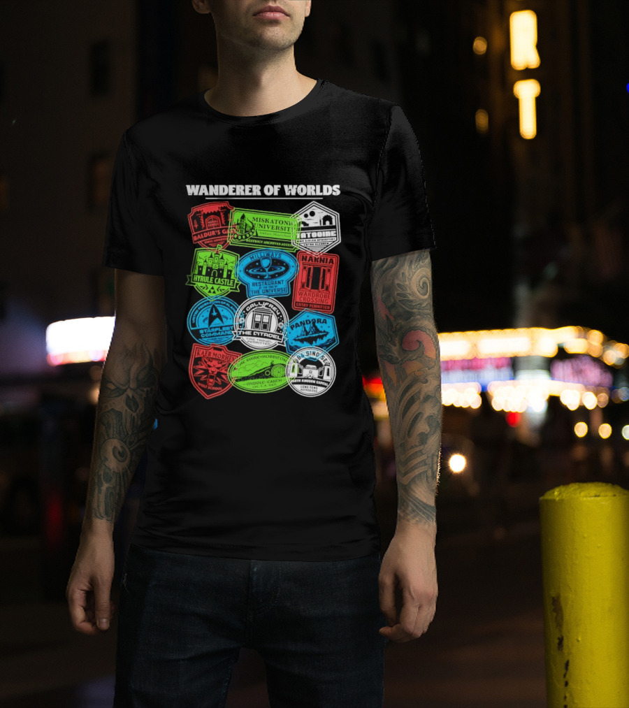 Wanderer Of Worlds Travel Stamps Baldur's Gate Miskatonic Hyrule Middle Earth Narnia T-Shirt