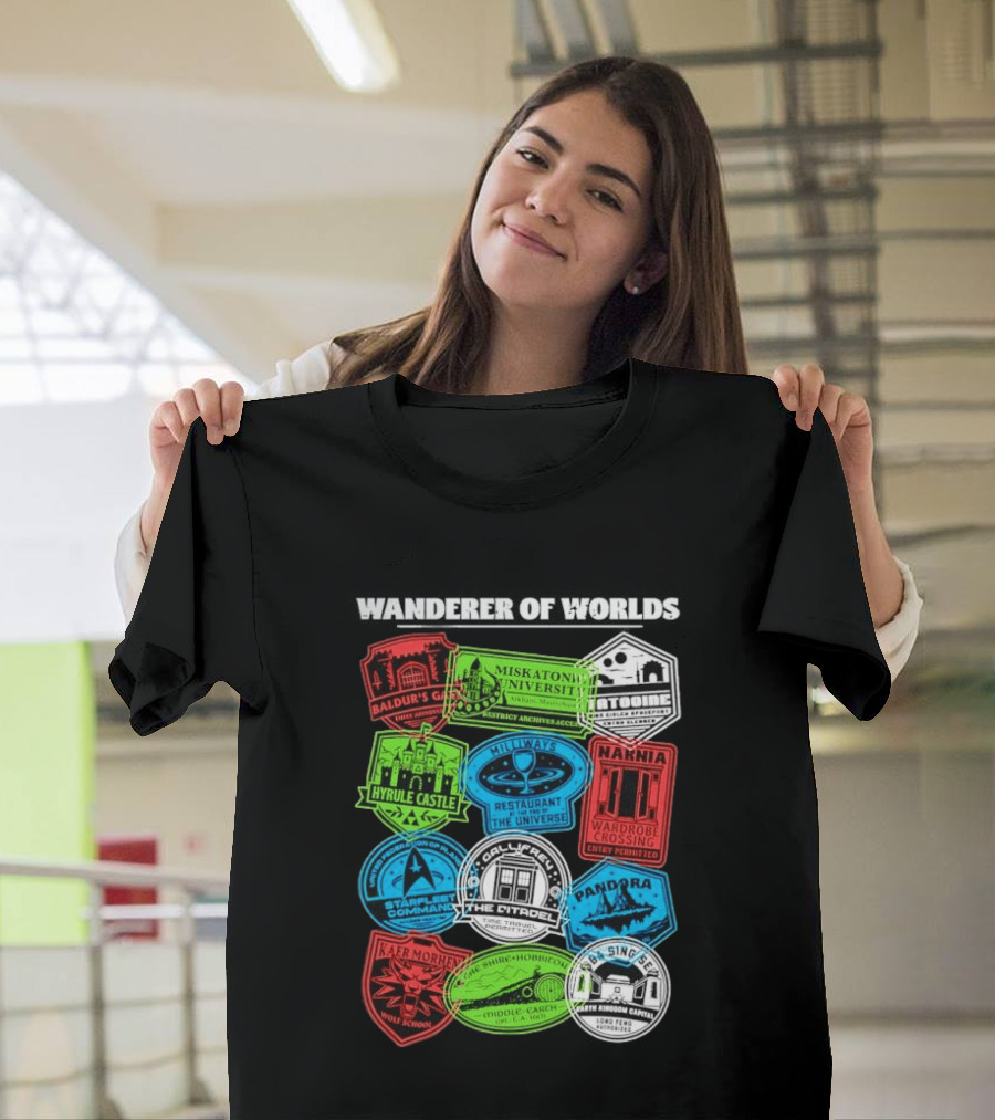 Wanderer Of Worlds Travel Stamps Baldur's Gate Miskatonic Hyrule Middle Earth Narnia T-Shirt