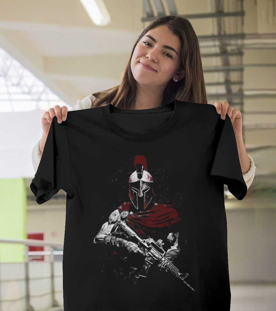 Warrior Ethos Holding Gun Wearing Spartan Helmet Blood Red Cape T-Shirt