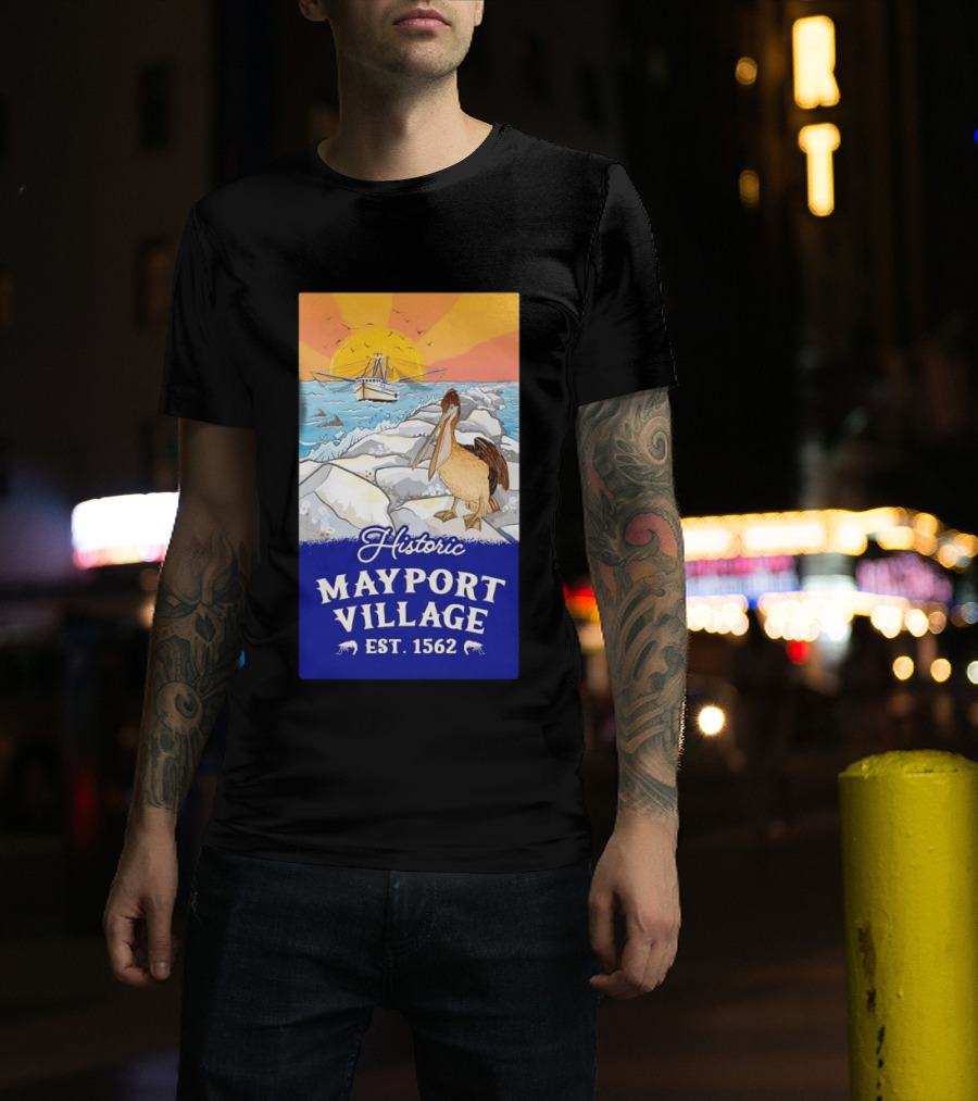 Historic Mayport Village EST 1562 Ocean Sunrise Pelican And Fishing Boat T-Shirt