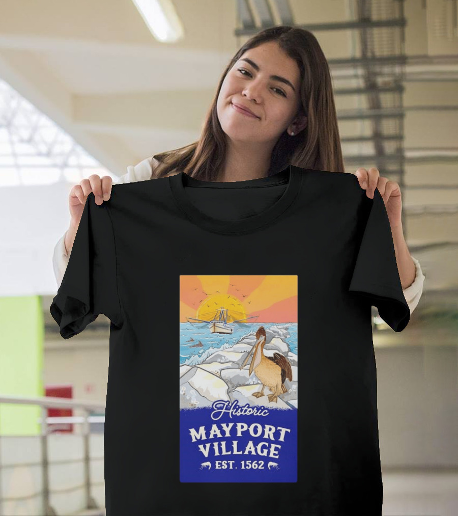 Historic Mayport Village EST 1562 Ocean Sunrise Pelican And Fishing Boat T-Shirt