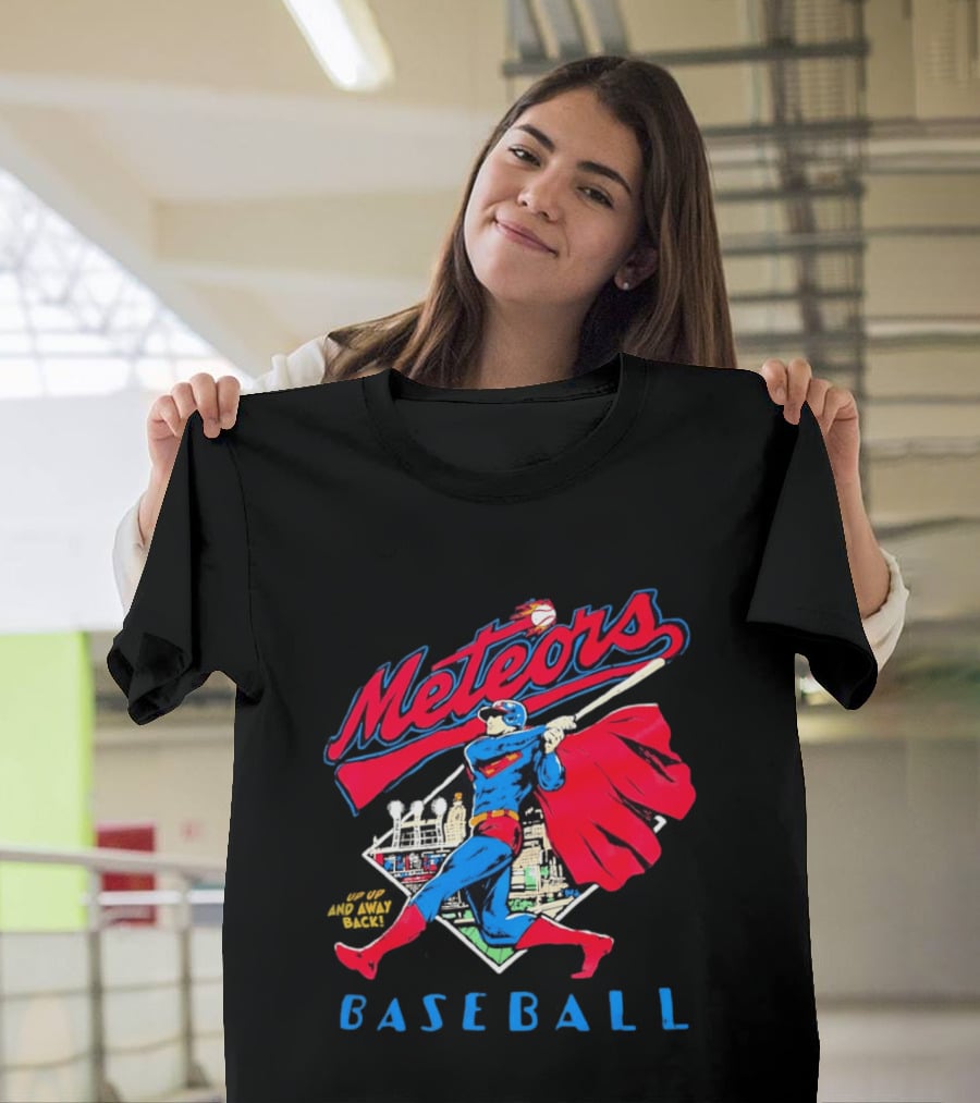 Meteors Baseball Superhero Swinging Bat Power City Stadium Iconic Comic T-Shirt