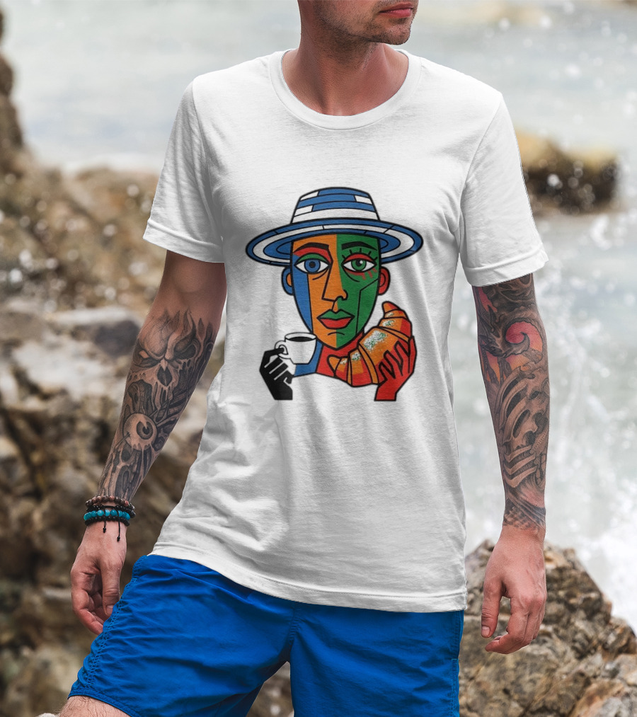 Cubist Coffee Drinker With Hat And Croissant T-Shirt