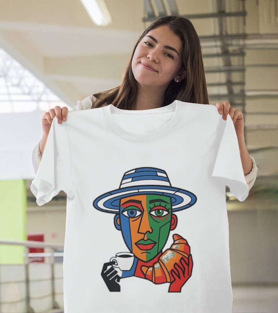 Cubist Coffee Drinker With Hat And Croissant T-Shirt