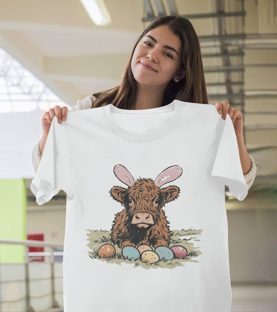 Highland Cow With Easter Eggs And Bunny Ears Easter Day 2026 T-Shirt