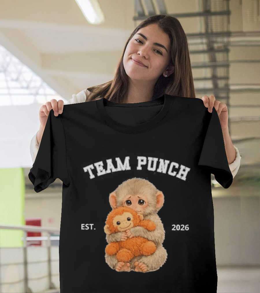 Team Punch Monkey EST 2026 Cute Baby Monkey Holding Plush Toy T-Shirt
