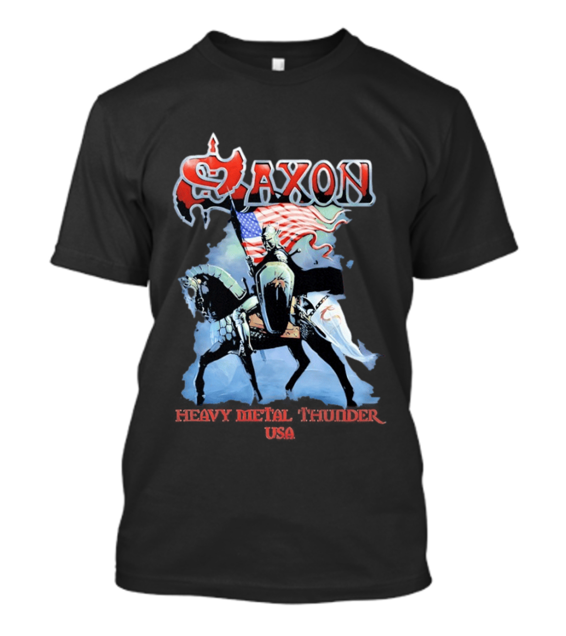 Saxon Heavy Metal Knight With American Flag USA T-Shirt