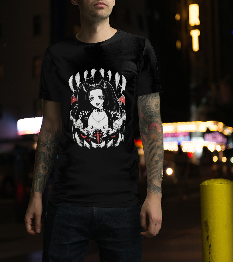 Emo Gothic Girl Bat Wings Cross And Skull Elements Dark Aesthetic T-Shirt