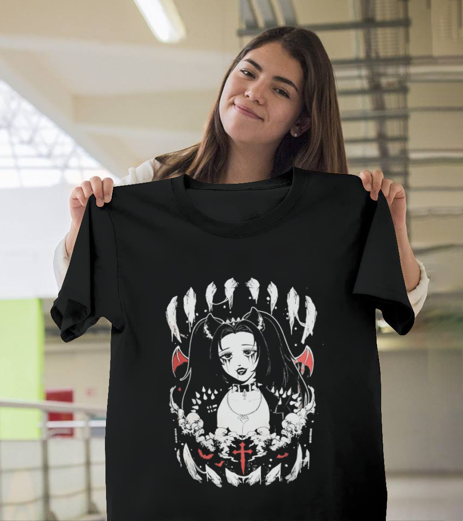 Emo Gothic Girl Bat Wings Cross And Skull Elements Dark Aesthetic T-Shirt