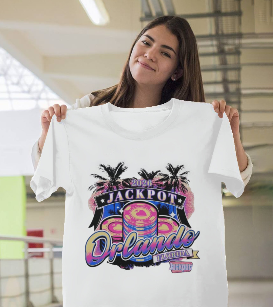 2026 Jackpot Orlando Florida Event With Palm Trees And Poker Chips T-Shirt