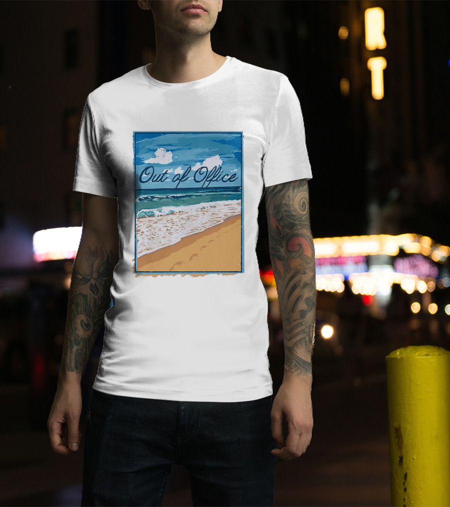 Out Of Office Beach Painting Photo 2025 Blue Sky Ocean Waves Sand T-Shirt