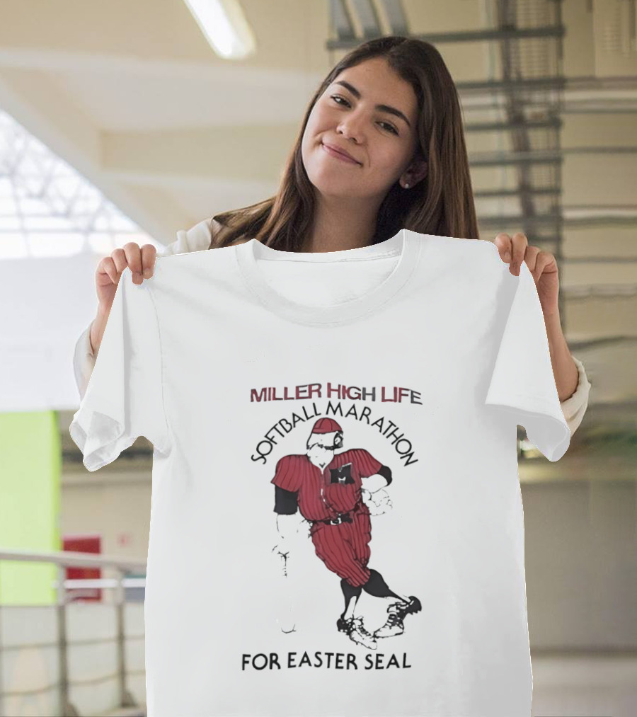 Miller High Life Softball Marathon For Easter Seal Player In Red Uniform T-Shirt