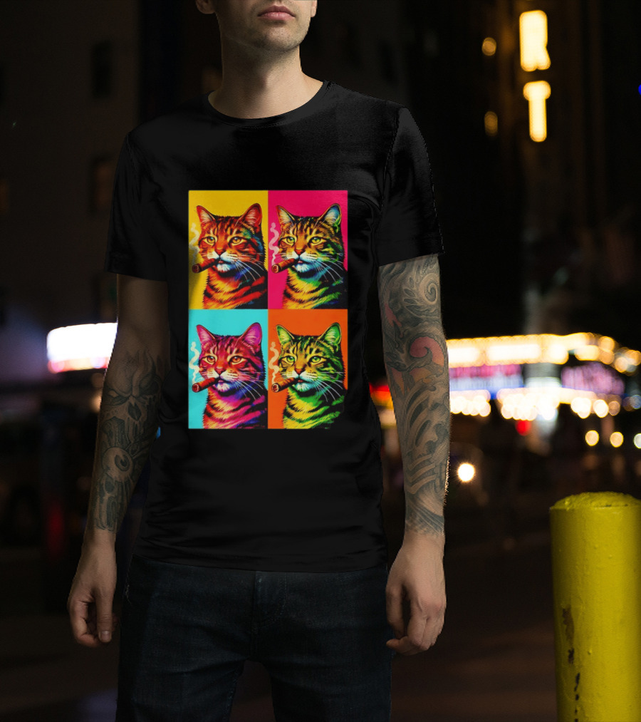 Pop Art Cat Smoking Cigar Colorful Comic T-Shirt